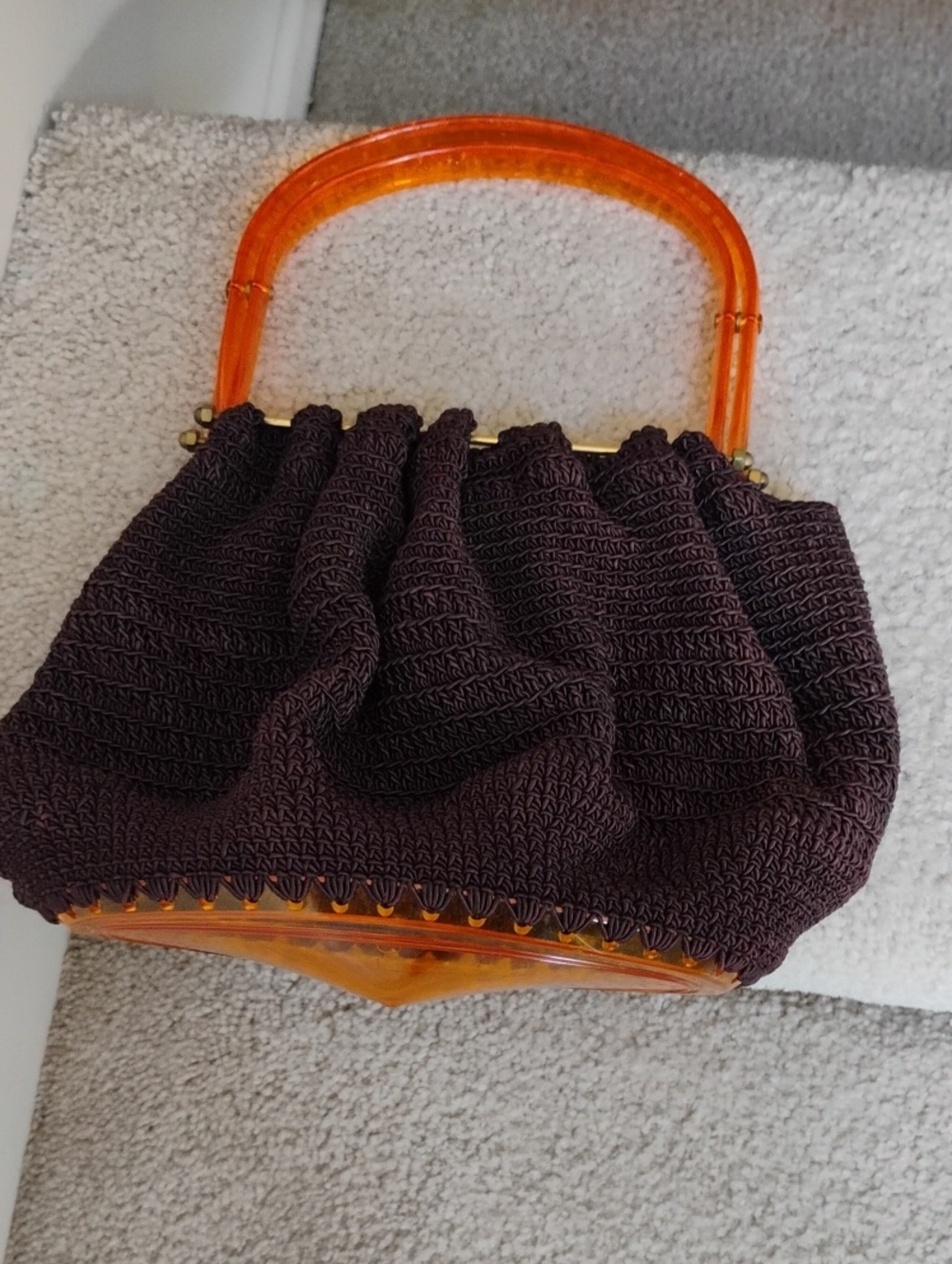 Vintage Brown Woven Hand Bag with Amber Acrylic Handles